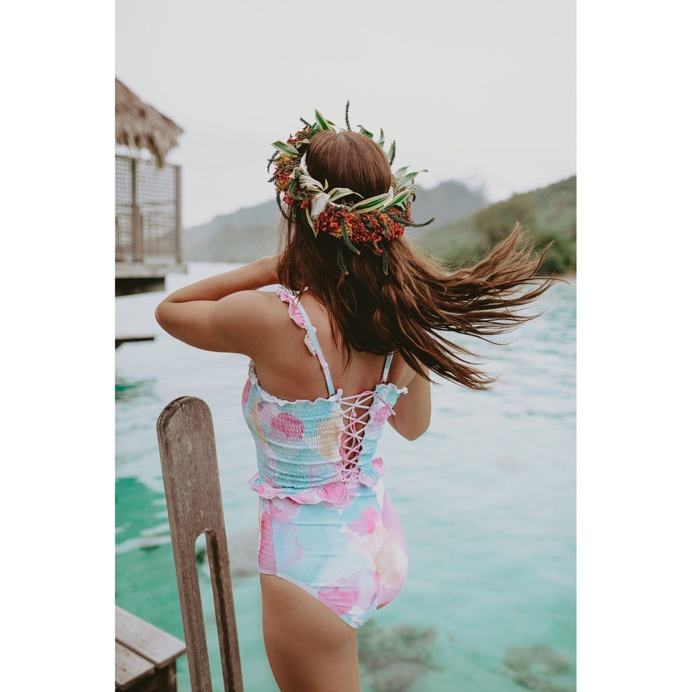 RAD SWIM Betsy Smocked Bikini Medium Pink Blue Watercolor High Waist Swimsuit - Picture 2 of 16
